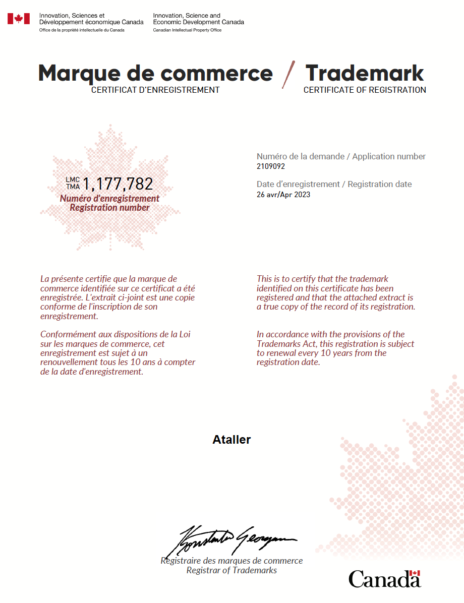 Ataller trademark was successfully registered in Canada!